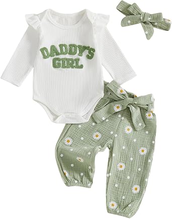 Tsnbre Newborn Baby Girl Outfits Daddys Girls Ruffle Long Sleeve Romper Top Pants Headband Infant Fall Winter Clothes