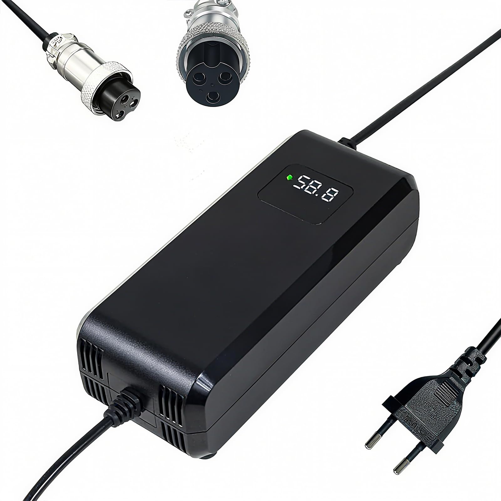 Chargeur Batterie 58.8V 4A, pour Batterie Lithium 52V 48V, avec Affichage LED et Multiples Fonctions de Protection et de réparation, équipé de connecteurs GX16 12mm