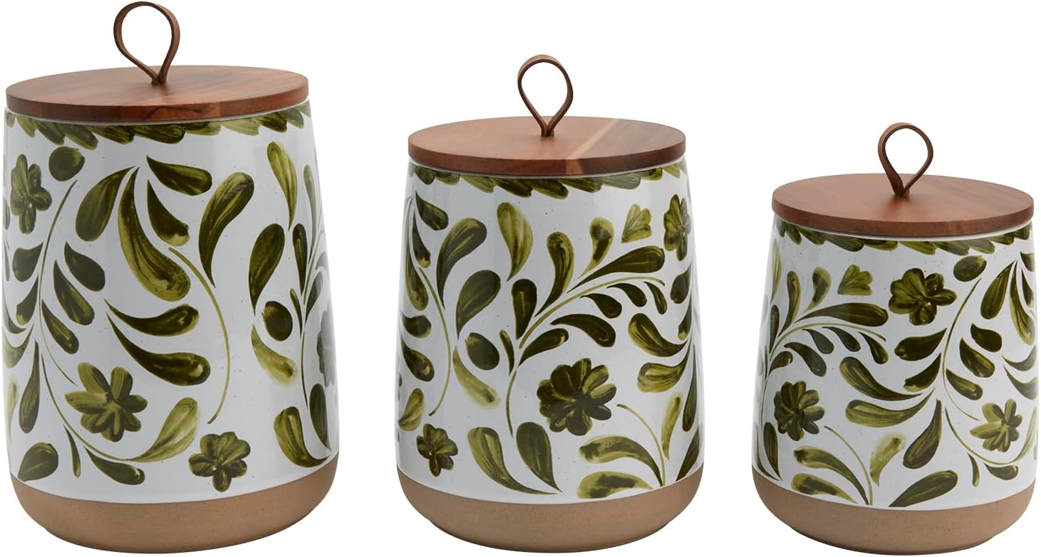 TTU Tabletops Gallery Ceramic Canister Collection- Stoneware Designed Kitchen Storage Embossed Acacia Wood White Set, 3 Piece Embossed Ziggy White Canister Set