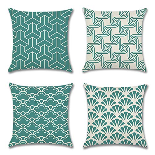Artscope Lot DE 4 Housse De Coussin, Style Géométrique Simple Moderne Polyester et Lin Décoratif Taie d'oreiller Canapé Voiture Maison Décor Housses de Coussin 45 x 45 cm (Sarcelle) Cover