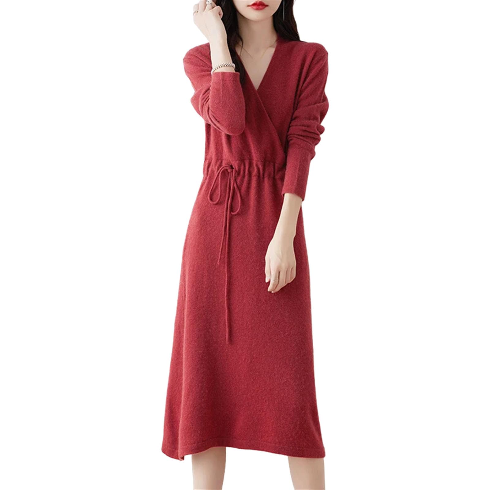 Pure Wool V Neck Lace Up Long Cashmere Knit Bottoming Sweater Dress Women Soft Warm Slim Fit Elegant
