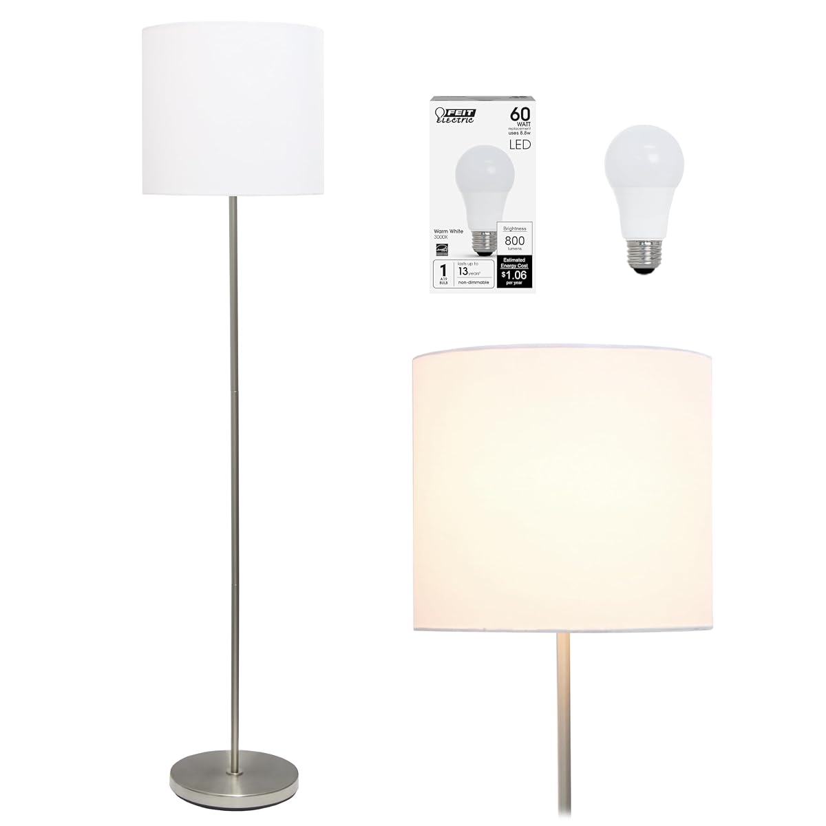 Simple Designs Lf2004-Wht-Lb 57" Traditional Brushed Nickel Stick Floor Lamp