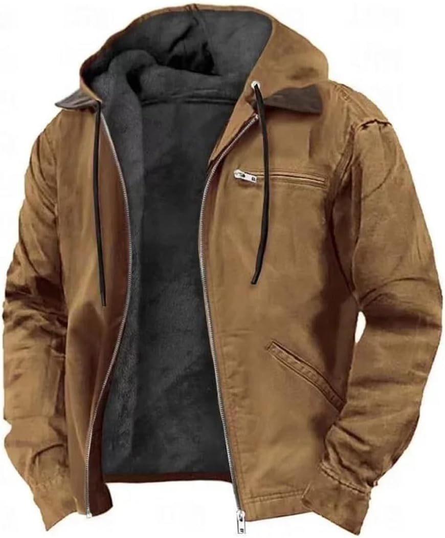 Men's Outdoor Hooded Zipper Pocket Solid Color Fleece Warm Outerwear Hooded Hoodie Jackets Coats