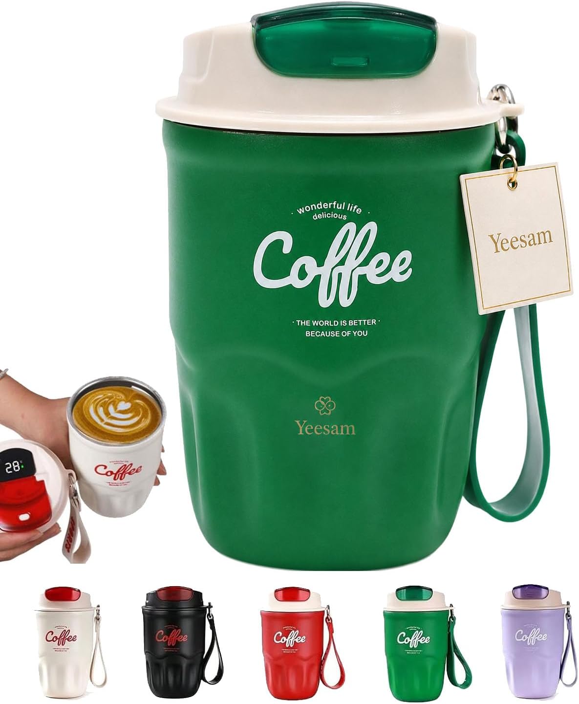 2026 Coffee Vacuum Flask Portable Stainless Steel Insulated Travel Mug with Lid Handle 12oz Double Wall Leak Proof Small Water Bottle Cup for Home Office Outdoors Drinks (Green Digital display)