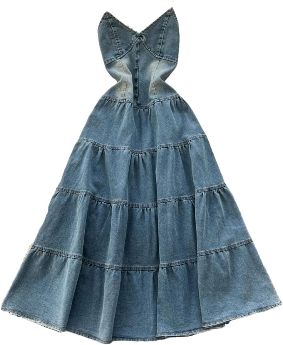 Women's Denim Long Dresses Hollow Out Sleeveless Dresses Office Work Party Jeans Dress