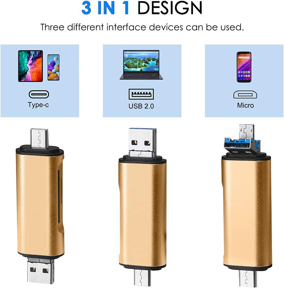 BorlterClamp SD/Micro SD Memory Card Reader with 3 Ports USB C/Micro-USB Adapter for Laptops Tablets, Smartphones (Gold) - Image 4
