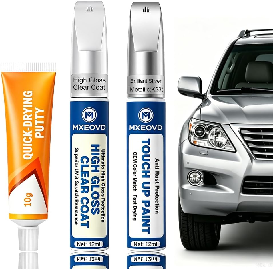 Brilliant Silver Metallic K23 Touch Up Paint Compatible with Nissan, All in One Car Scratch Repair Kit with Primer Putty & Clear Coat, Complete Sanding Tools Set for Scratches Chips Nicks