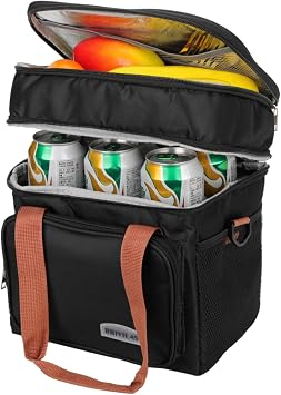 Mens and Womens Lunch Box - Double layer Insulated Lunch Bag, Insulated Inner Lining, Portable Cooler for Work, Travel, or Picnicking, Black