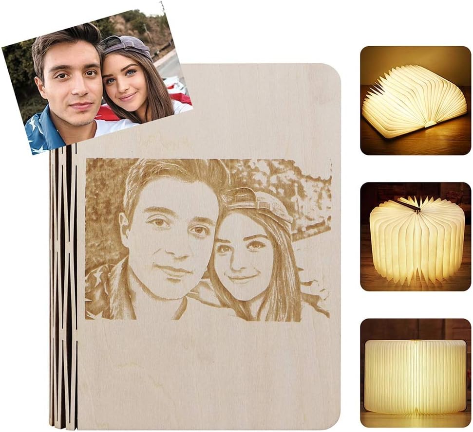 Custom Photo Engraved Book Lamp Portable USB Rechargeable LED Magnetic Dimmable Foldable Wooden Night Light Lamp for Lovers Gift Personalized Book Lamp