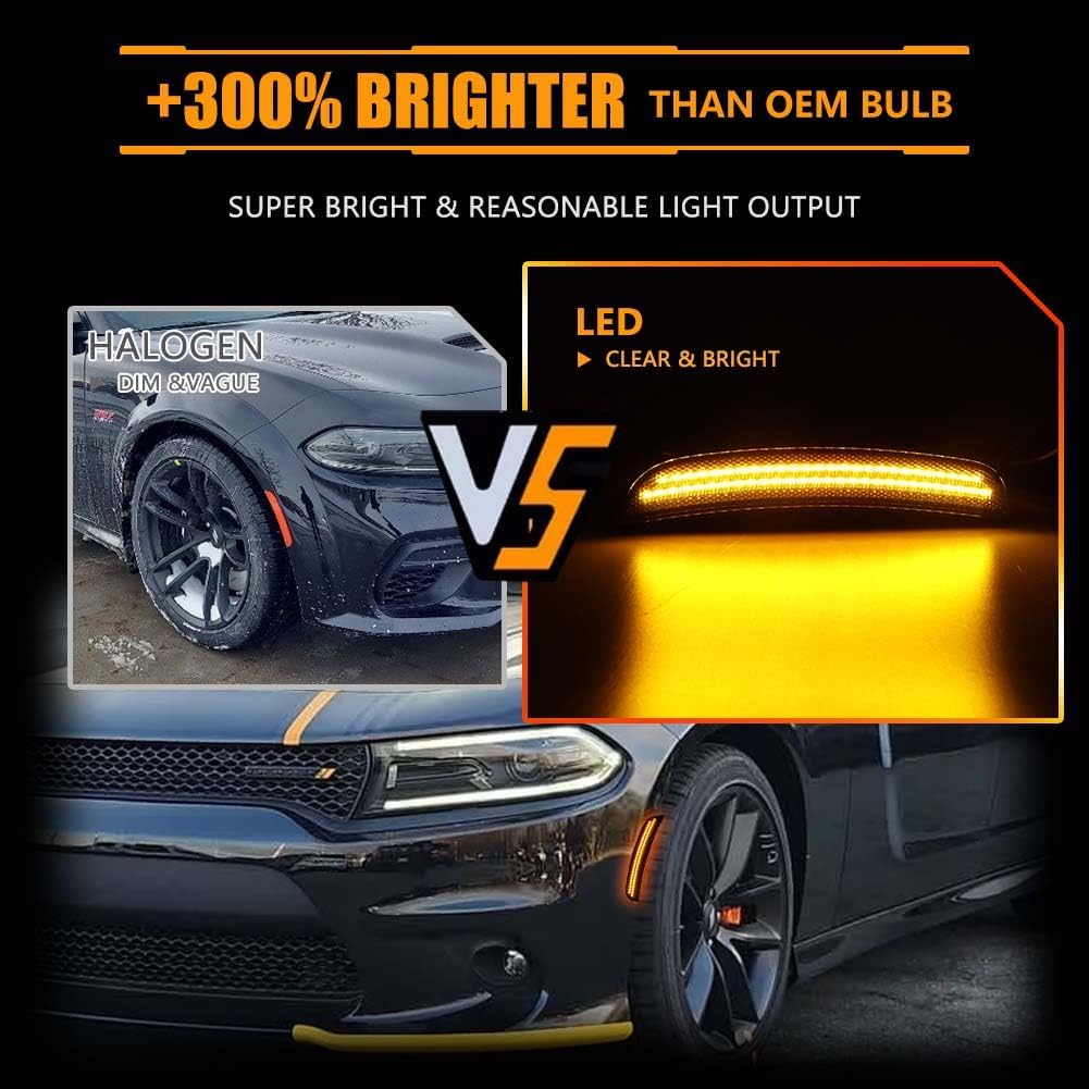 Front Fender LED Side Marker Lights for Dodge Charger 2015-2022, Smoked Lens Side Bumper Marker Lamps, Ultra-Bright Amber LED Turn Signal Lights, 2 PCS