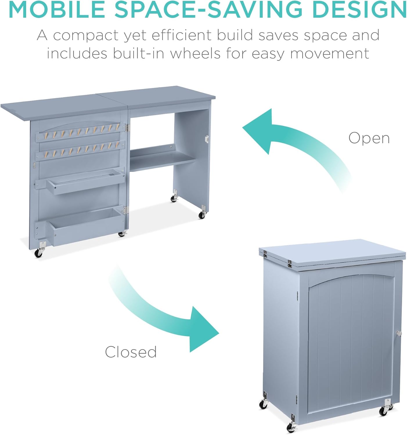 Best Choice Products Folding Sewing Table Multipurpose Craft Station & Side Desk with Compact Design, Wheels, Shelves, Storage Trays, Pegs, Magnetic Doors, Metal Doorknobs - Light Blue