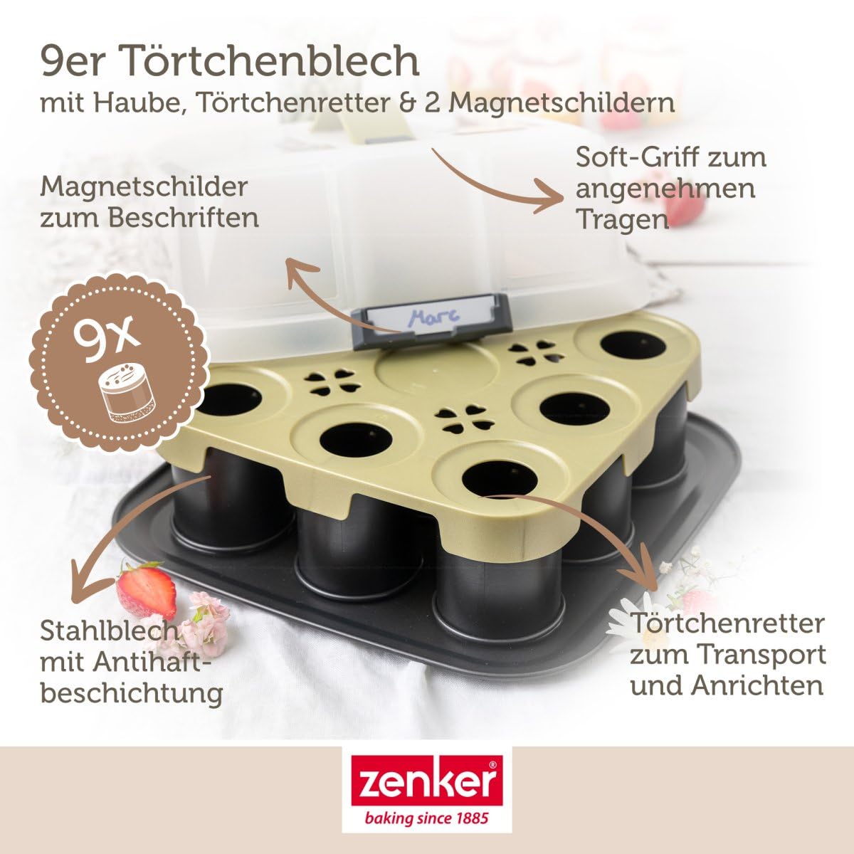 Zenker Bake, Click & Go 9er Törtchenblech mit Haube – 29 x 29 x 7 cm – Backform mit passendem Deckel für den direkten Transport – Kuchenform zum Backen & Transportieren
