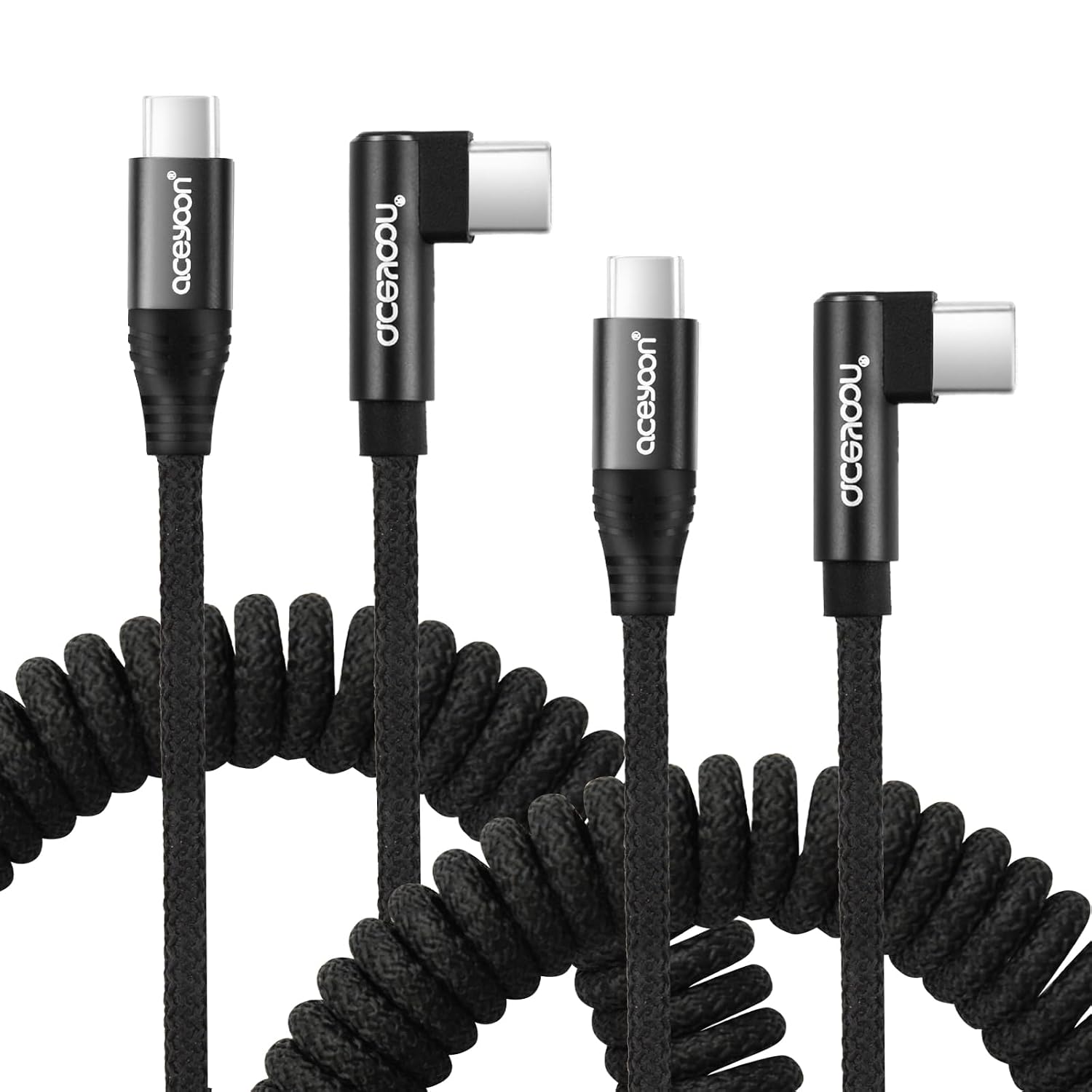 aceyoon 90 Degree Coiled USB Type C Cable, QC 3.0 Fast Charging Cable for iPhone 15/15 Pro/15 Pro Max/15 Plus, Samsung Galaxy S20, Spring Right Angle Cord Retractable1.18-2.62ft