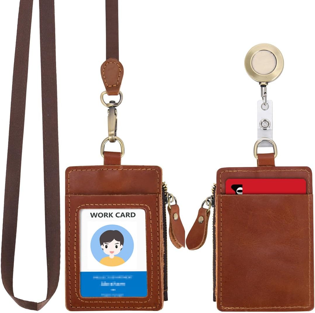 Handmade Genuine Leather ID Badge Holder With Zip Bifold Pocket And Neck Lanyard – Unisex Men Women