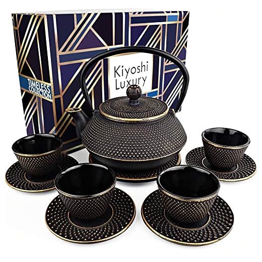 KIYOSHI Luxury 11PC Japanese Tea Set."Black and Gold" Cast Iron Tea Pot with 4 Tea Cups, 4 Saucers, Loose Leaf Tea Infuser and Teapot Trivet. Ceremonial Matcha Accessories and Iron Anniversary Gifts