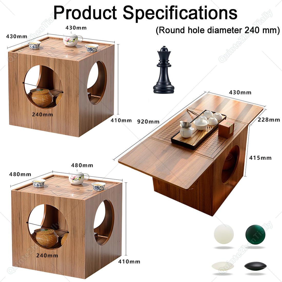 Tavolino Basso caffè,Tavolo Scacchi Go Scacchi,Scacchiera,Scacchiera Bifacciale Set Tavolo Scacchi Go 2 in 1,Diametro Foro Centrale 24cm,per Serate Gioco Famiglia 43x43x41cm
