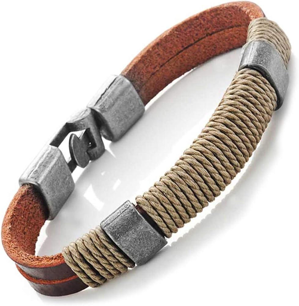 URBAN JEWELRY Braided Genuine Leather Bracelet with Locking Stainless Steel Clasp (Unique Designs Options) Nature Thread Bracelet
