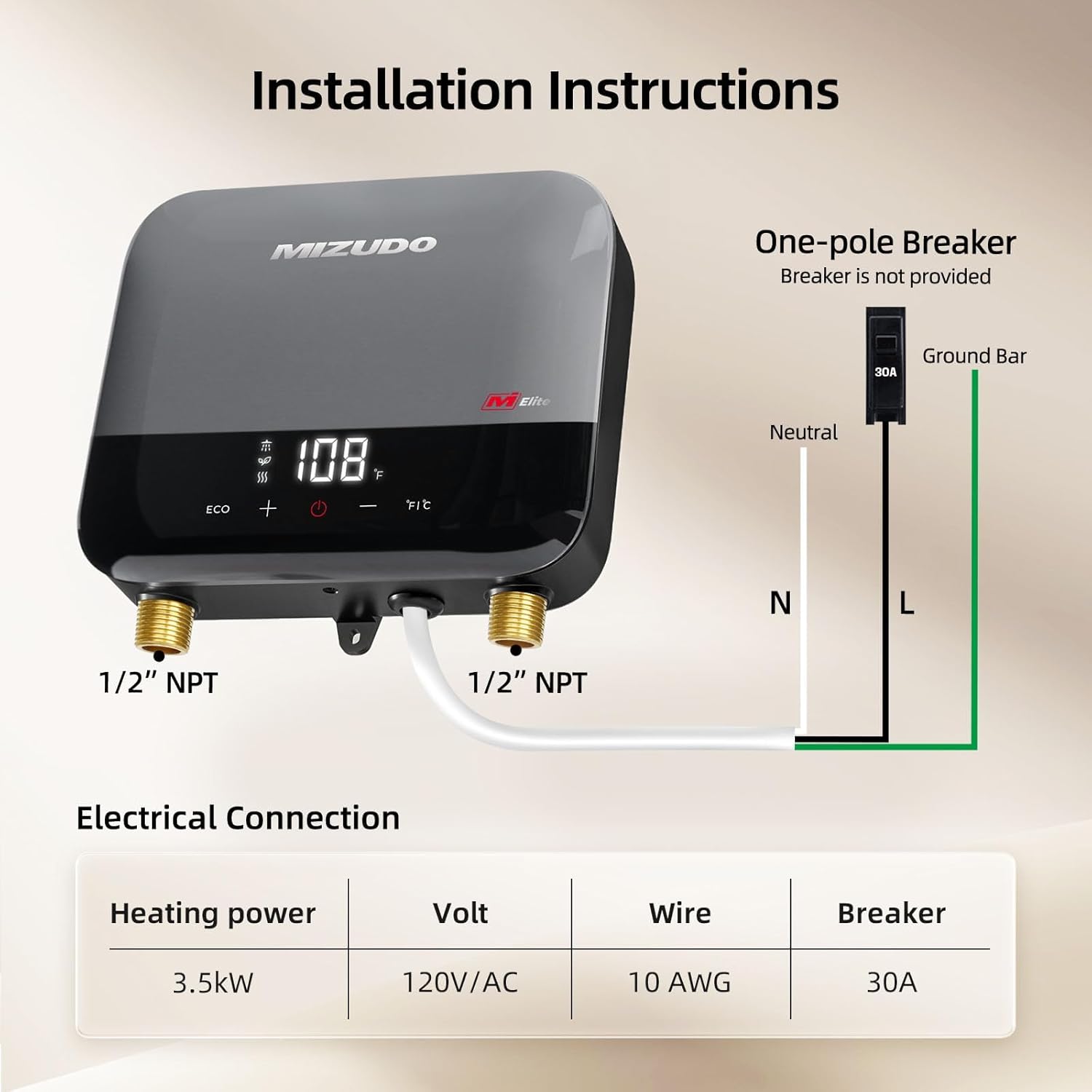Image comparing the compact size of the MIZUDO water heater to an iPad Mini, showing dimensions of 8.07 inches width, 6.9 inches height, and 2.5 inches depth.