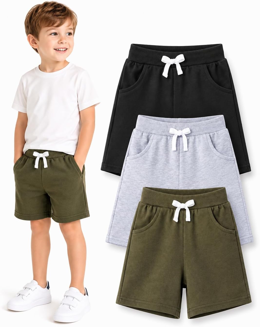 HILEELANG Boys Sweat Shorts 3 Pack, French Terry Cotton Pull On Shorts with Pockets for Toddler Little Boys 2-7Y