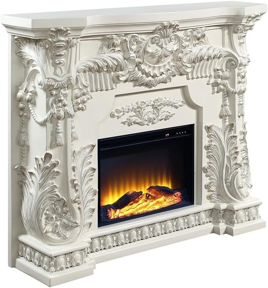 Pemberly Row Modern Wooden LED Electric Fireplace in Antique White