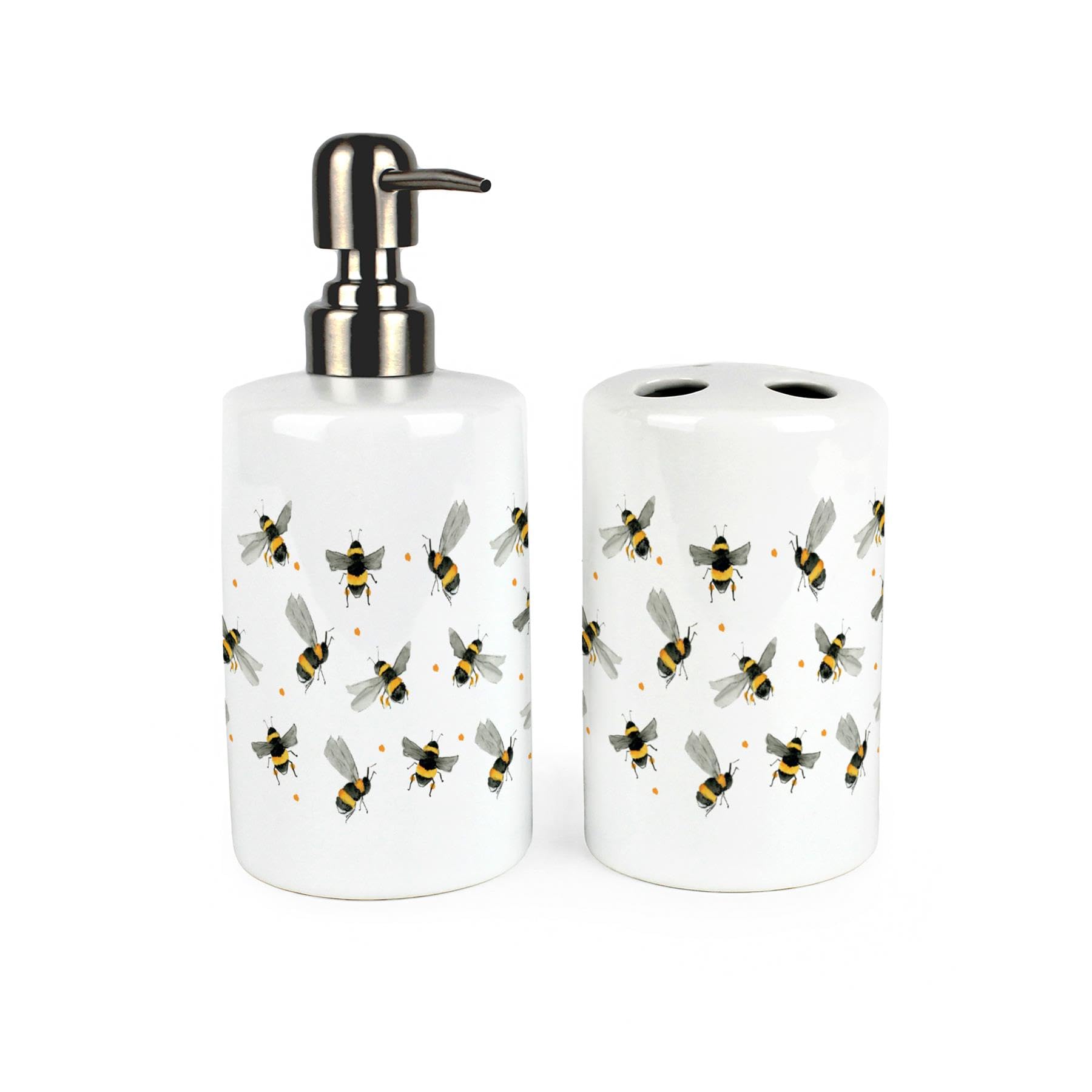 Scattered Bees Bathroom Accessories Set - Bumblebees & Polka Dots Refillable Ceramic Soap Pump Bottle Dispenser & Toothbrush Holder - Washrooom Home Gift Set of 2