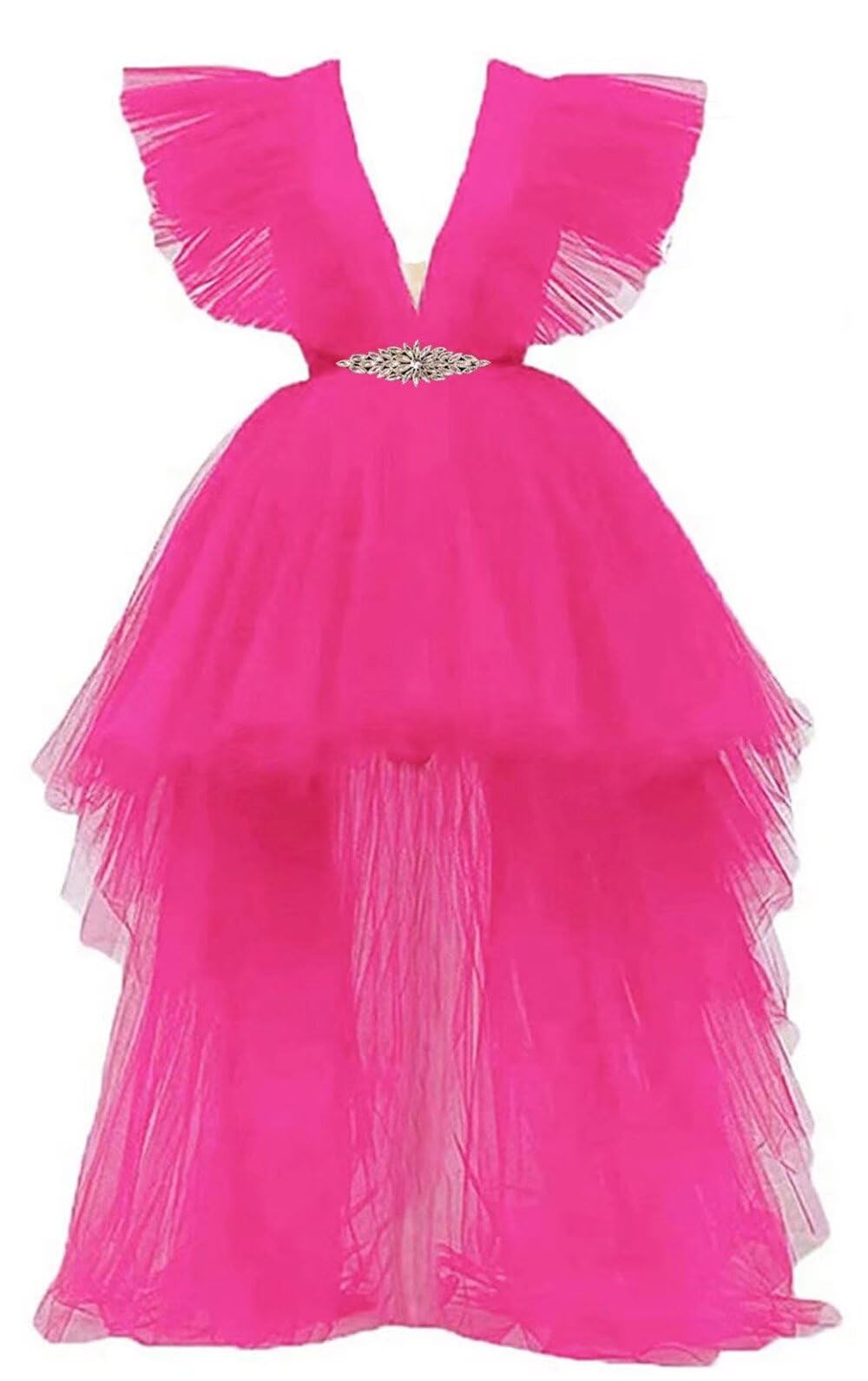 FTBY Women's High Low V Neck Prom Dress Tulle Luxurious Shiny Appliques Homecoming Pageant Cocktail Dresses Long