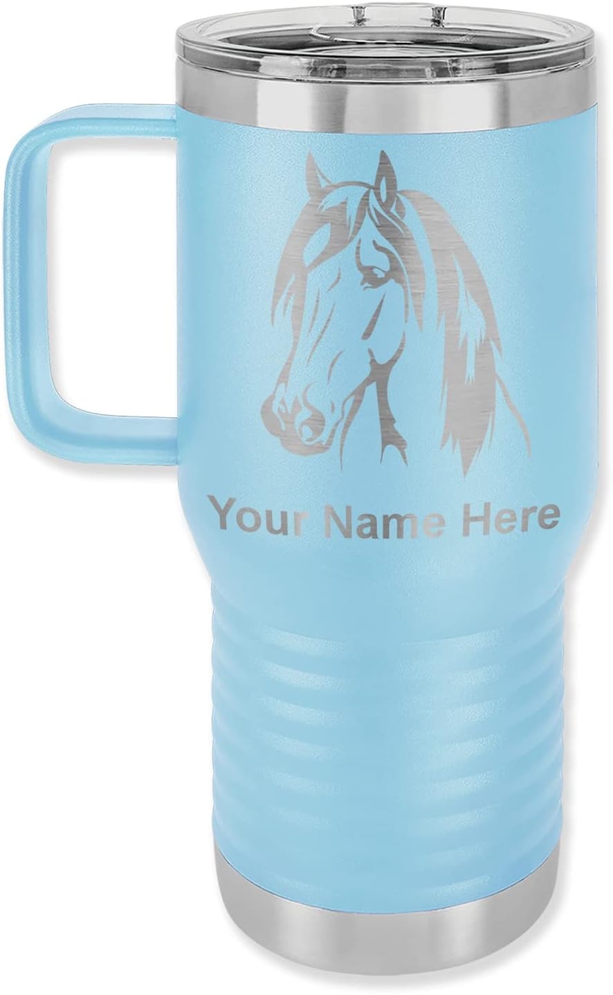 LaserGram 20oz Vacuum Insulated Travel Mug with Handle, Horse Head 1, Personalized Engraving Included (Light Blue)