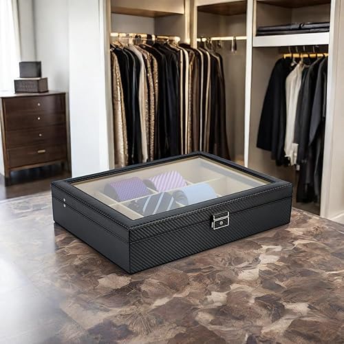 Miniatura 4 de Estuche para 12 corbatas cinturones y accesorios para hombre caja de almacenamiento de fibra de carbono negra para el Día del Padre Fibra de carbono