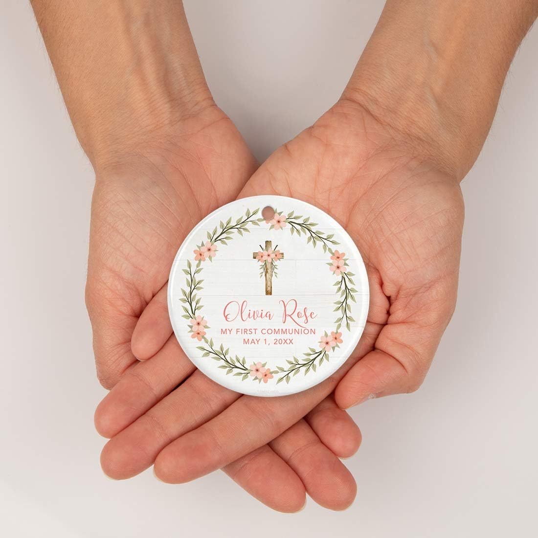 Andaz Press Personalized Round Ceramic Porcelain Christmas Tree Ornament Keepsake Collectible Gift, Olivia Rose Carter, My First Communion May 1, 2024, Peach Florals Greenery, 1-Pack