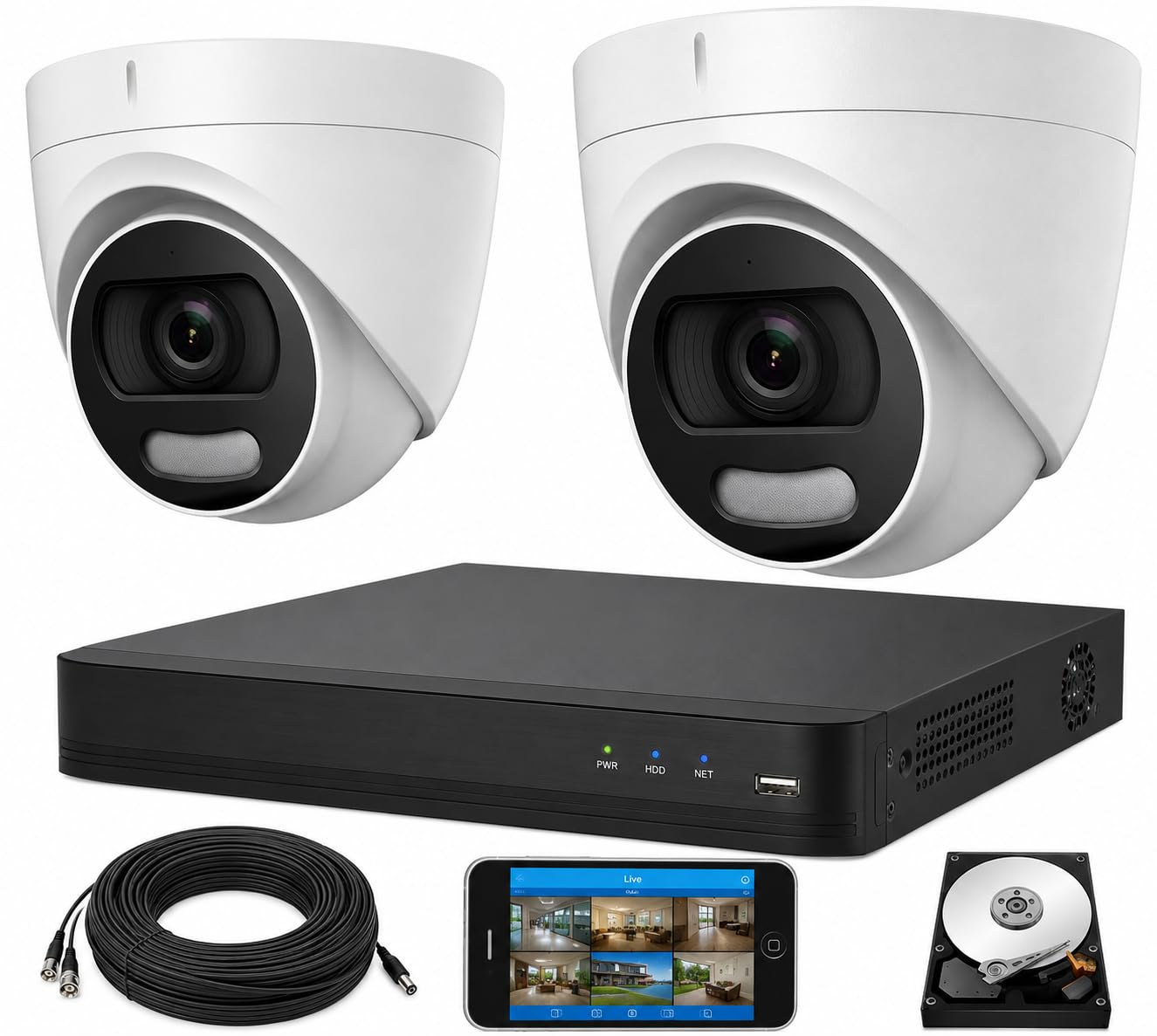 Hilook Hikvision Cctv System 4K Dvr 5Mp Colorvu Dome Camera Ip67 20M Uk - Ds-7204Huhi-K1 - Ds-2Ce72hft-F28 (2 Cameras, No Hdd)