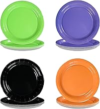 Grencian 60Pcs Halloween Paper Plates 9" Large Disposable Heavy Duty Purple Black Green Orange Platter Solid Color Dessert Plate for Holiday Table Birthday Harvest Season Dinner Party Decoration