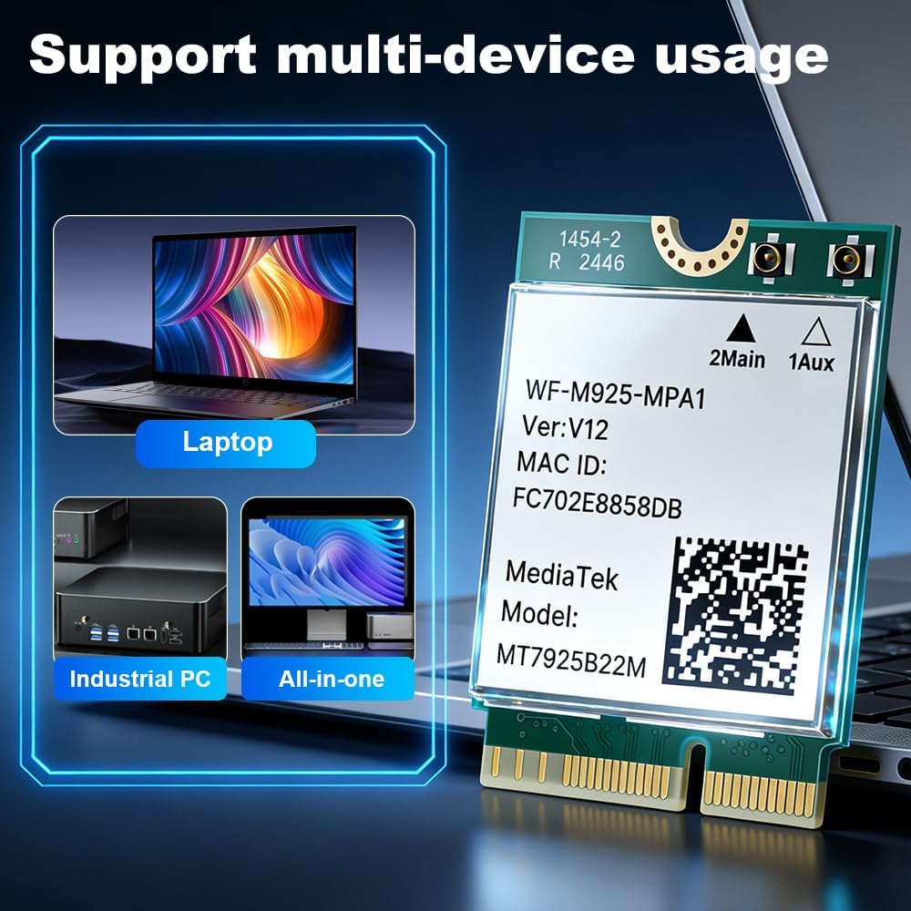 MT7925 WiFi 7 Card BE6500, M.2 2230 Wireless Network Card, Bluetooth 5.4, Tri-Band 6G/5G/2.4GHz, 802.11be OFDMA, Compatible with Intel/AMD, Windows 11/10 64-Bit
