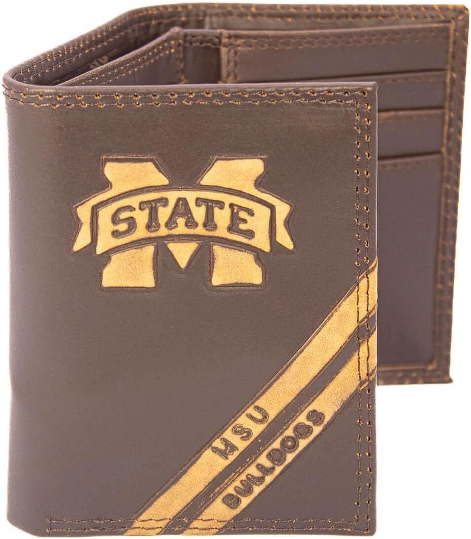 NCAA Mississippi State Bulldogs Zep-Pro Pull-Up Leather Trifold Embossed Wallet, Brown