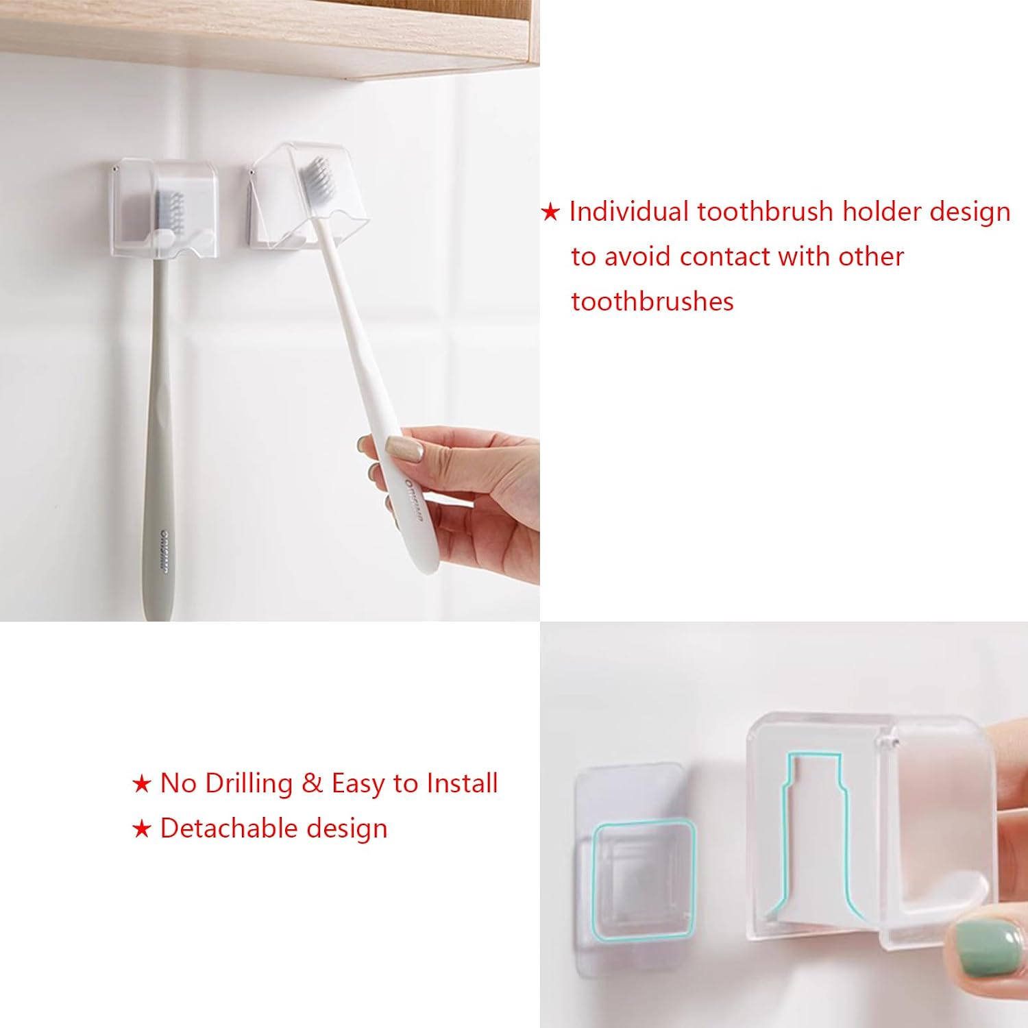 2PCS White Toothbrush Holder Wall Mounted with Cover, Toothbrush Storage Organizer for Dorm, Self Adhesive Toothbrush Hanger, for Bathroom, Shower, Cabinet, with 2PCS White Toothpaste Clip