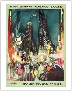 New York by SAS - Scandinavian Airlines System - New York City Times Square - Vintage Airline Travel Poster by Otto Nielsen 1952 - Fine Art Matte Paper Print (Unframed) 11x14in