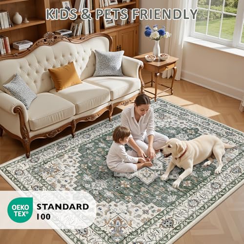 8x10 Area Rugs for Living Room: Washable Rug Soft Vintage Boho Medallion Carpet Indoor Non-Slip Stain Resistant Large Carpets for Bedroom Dining Room Farmhouse Nursery Home Office Green Ivory by ExpediX - Used condition - Image 8