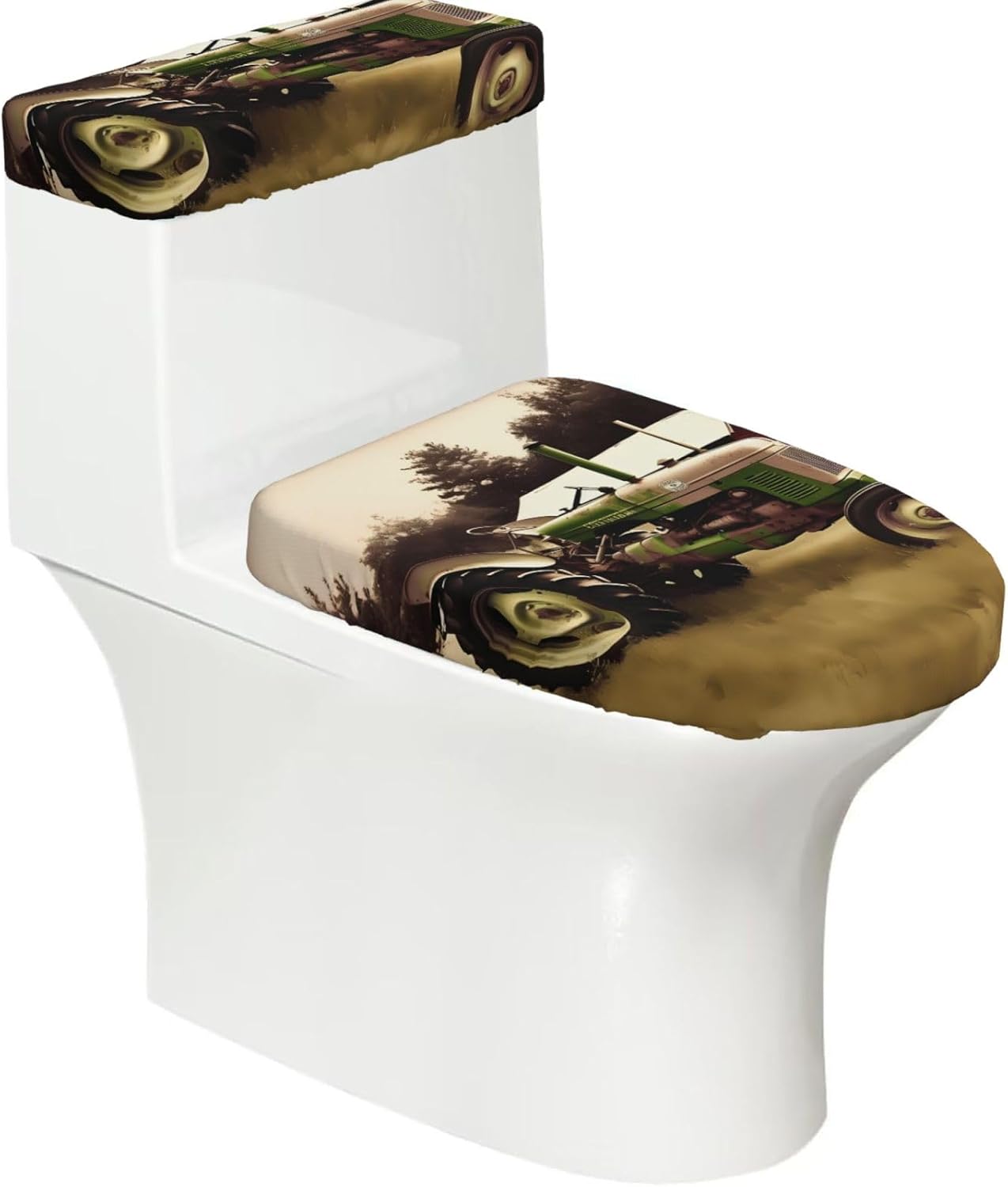 Old Tractor Photo Farm Toilet Tank Cover And Toilet Lid Cover Set Stretch Bathroom Toilet Lid Seat Cover