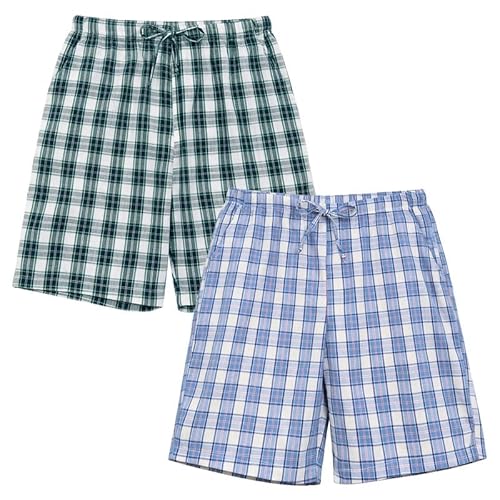 Marvmys Men's Pajama Shorts 2 Pack Plaid Sleep Shorts 100% Cotton Lounge Shorts Pj Bottoms with Pockets S-3XL Large Navy&light Blue Plaid