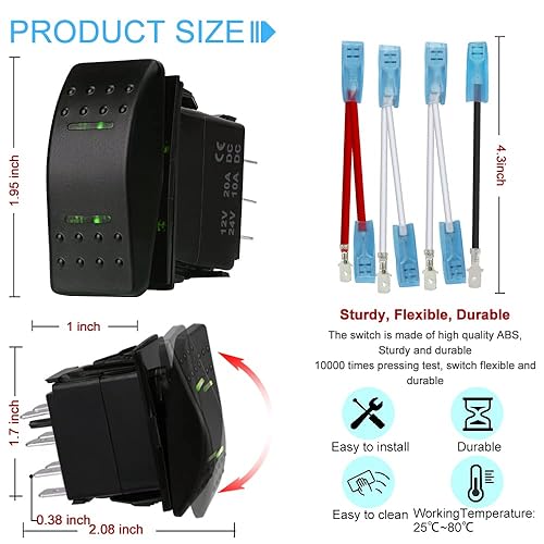 Miniatura 4 de Interruptor basculante momentáneo (ON) - Apagado (ON) Impermeable 12V/20A 24V/10A 7Pin DPDT luz LED verde, con cables de puente para barco,