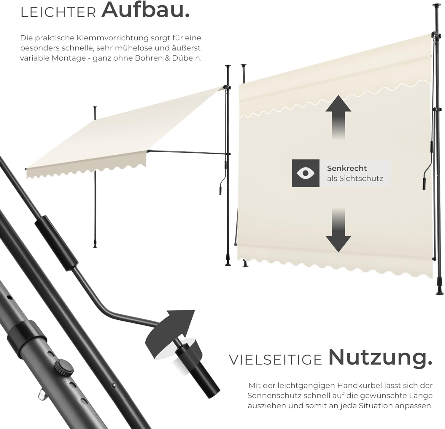Diagram illustrating easy assembly and versatile use of the awning, including vertical privacy screen function.