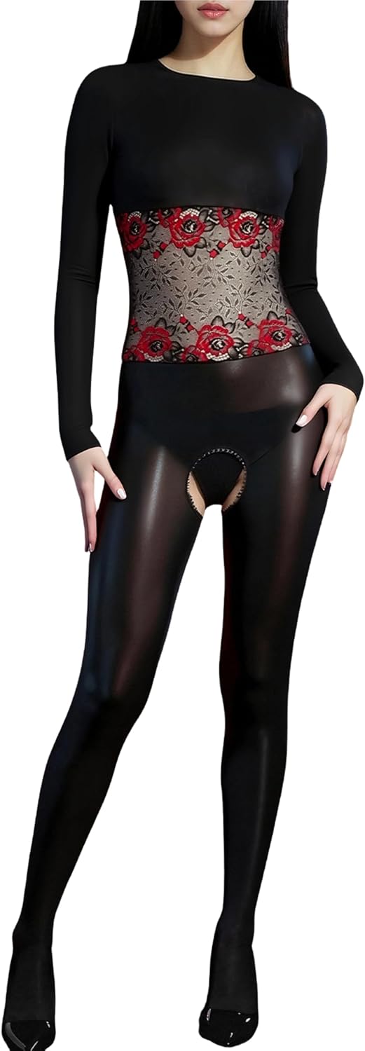 Women's 8D Oil Shiny Full Body Stockings Sheer Glossy Bodysuit Long Sleeve Sexy Open Croch Catsuit