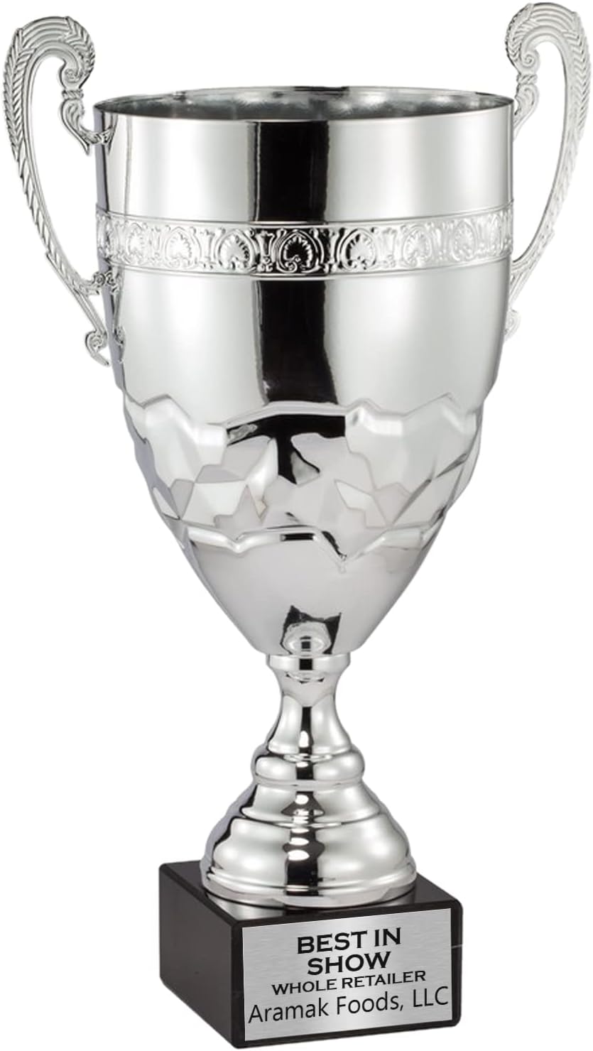 SHOP AWARDS AND GIFTS Silver Trophy Cup on Marble Base with Custom Plate, Engravable Customizable Personalized Award for Employee Recognition, Work, School, Leader, Sports