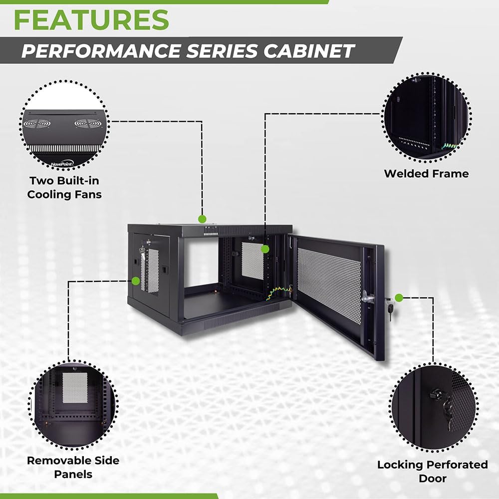 NavePoint 6U Server Cabinet Wall Mount Rack Enclosure with Perforated Door, Locking, Removable Side Panels – 6U Network Cabinet 17.7” Deep, 19 Inch Server Rack for IT and A/V Equipment