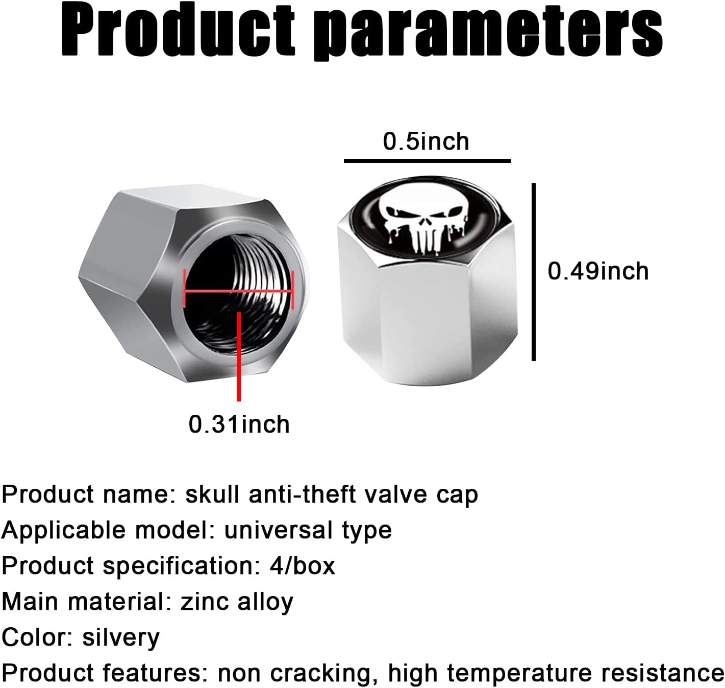 Fogfar 4 Pack Car Valve Stem Caps, Skull Tire Air Valve Caps for Car, Universal Tire Wheel Rim Dust Covers (Silver & White) image 2