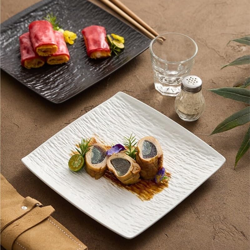 Platos de Cena Platos Cuadrados de Estilo Occidental japonés, Platos de cerámica creativos con patrón de Piedra, Platos de Carne caseros Platos de Pasta(B)