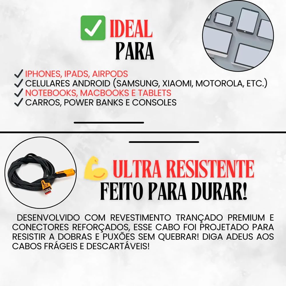 Cabo Carregador 4 em 1 65W Turbo Reforçado 1m Nylon Trançado Carregamento Rápido Compatível iPhone Android MacBook Tablet Notebook
