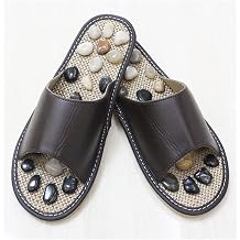 Slippers Cotton Linen Foot Bud Massage Slippers Health Flip Flops Mens Reflexology Sandals Home Shoes Shock Absorption, Cushion Comfort & Arch Support Natural Cobblestone Stone Support Color Black brown, Size EUR45
