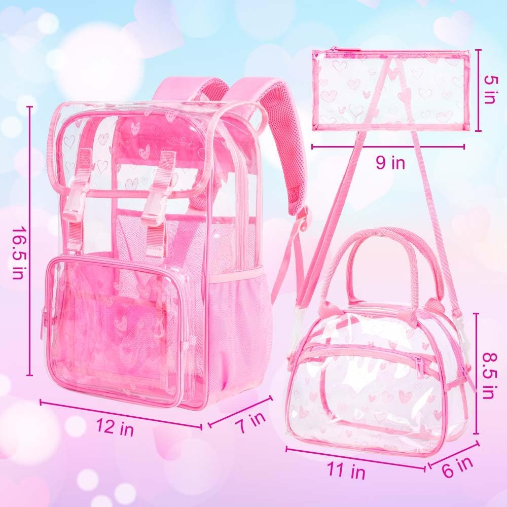 17" Heart Print Clear Backpack for Girls - 3Pcs Flip Design Stadium Approved Set, Campus/Travel Transparent Bookbag (Pink) - Image 4