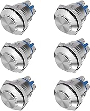 Push Button 12V 6-Pack 16mm Momentary Push Button 3A/250VAC 5A/12V DC Waterproof Small Round Stainless Steel Chrome Metal 2 Pin Normally Open (Head Up)