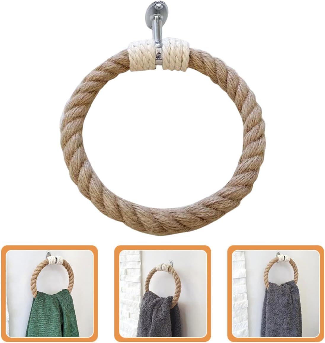 Bohemian Style Woven Towel Holder Wall Mount with Rectangular Iron Frame and Rope Design, Space-Saving Bathroom Wall Towel Rack for Home and Kitchen Decoration Style